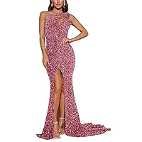 Sequin One Shoulder Prom Dresses for Women Mermaid Long Backless Sparkly Formal Evening Dress with Slit