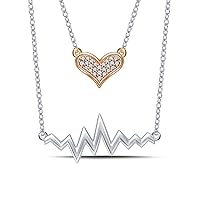Diamond Accent Heart with Heartbeat Necklace in 925 Sterling Silver and 10K Rose Gold (0.03cttw, I-J/I2-I3) 18