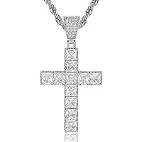 Cross Necklace for Men, Cubic Zirconia Crucifix Pendant, Square Inlay Silver Yellow Gold Plated Copper Jesus Christ Women Fine Jewelry Gifts Box, 24 Inches Stainless Steel Rope Chain
