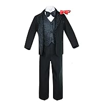 Formal Boy Black Suit Paisley Notch Lapel Tuxedo Kid Teen Free Red Bow Tie (14)