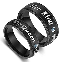 8mm/6mm Black Stainless Steel Her King His Queen Couples Wedding Band Promise Engagement Proposal Ring with Blue Cubic Zirconia (Priced Separate)