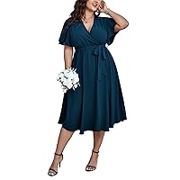 Womens Plus Size Summer Short Sleeve Wrap V Neck Belted Ruffle A-Line Flowy Wedding Guest Cocktail Midi Dress Lakeblue