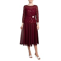 Cachet Boat Neck Long Sleeve Embroidered Top Brooch Detail Mesh Dress-Bordeaux