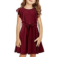 storeofbaby Girls Casual Ruffle Dress Elegant A-Line Flowy Dresses with Belt 5-14 Years