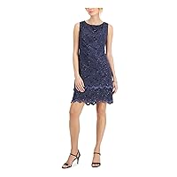 Connected Apparel Womens Navy Stretch Scalloped Zippered Tiered Hem Lined Lace Sequined Sleeveless Round Neck Above The Knee Party Sheath Dress 16