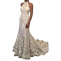 Beach Sequins Halter Lace Mermaid Wedding Dresses for Bride with Train Bridal Ball Gowns Plus Size