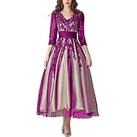 Women's Tea Length Mother of Bride Dresses Lace Applique Tulle Formal Evening Dress 3/4 Sleeve