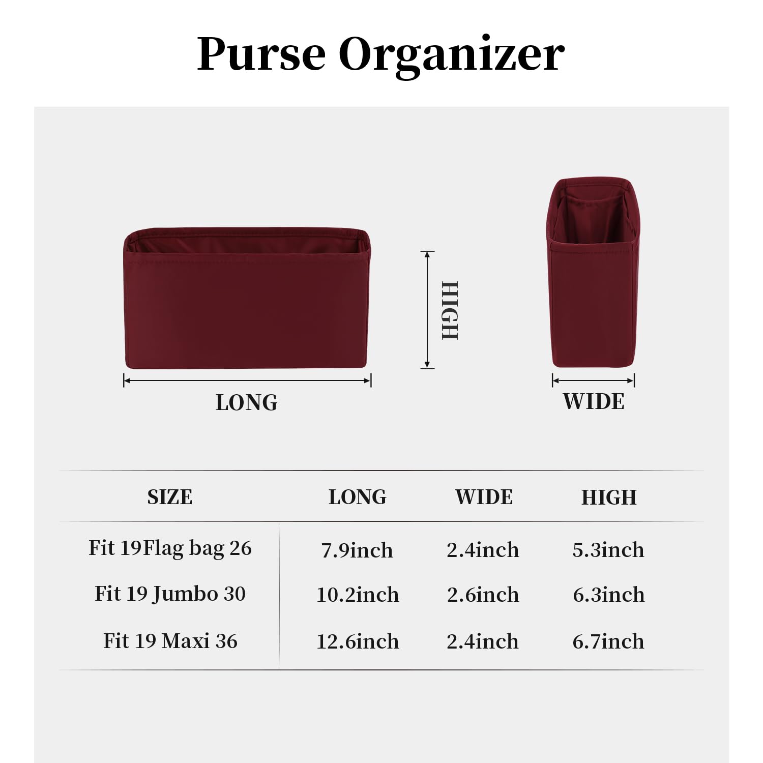 KINGS IN BAG Organizer for Purse Bags Tote HandBags Organizer with Silky Satin Fit for Chanel 19 Flap/Jumbo/Maxi Lightweight Shaper for Daily Use, 8 Pockets Capacity (Rouge Grenat, Chanel19 Flap26)