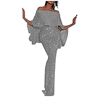 Prom Dress for Women Fashion Sexy Off Shoulder Slim Fit Sequin Wrap Hip Split Party Dress New Years Eve Dress