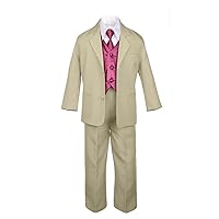 Unotux 7pc Boy Khaki Suit with Satin Burgundy Vest Set Necktie from Baby to Teen