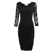 Women Lace Sleeve Square Neck Zip Bodycon Ruched Knee-Length Dress