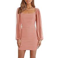 Women's Mesh Long Sleeve Square Neck Ruched Party Club Cocktail Bodycon Mini Dress