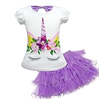 Dressy Daisy Girls Unicorn Clothing Set (Cotton Tee Shirt with Tutu Skirt) Fancy Dress Up Clothes, Blue Pink Purple