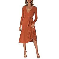 Pink Queen Womens V Neck Sweater Wrap Dresses Long Sleeve Elegant Holiday Pleated Knit Midi Dress Belted Orange XL