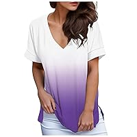 Women V Neck Gradient Colour Short Sleeve T Shirts Plus Size Loose Fit Tunic Tops Fashion Vacation Trendy Blouse
