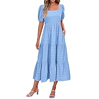 Women Summer Square Neck Puff Sleeve Pleated Dress Solid Color A Line Tiered Ruffle Vacation Beach Party Dresses