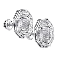 Dazzlingrock Collection Sterling Silver Mens Round Diamond Octagon Cluster Stud Earrings 1/6 ctw
