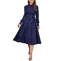 KOJOOIN Women's Ruffle Mock Neck Long Sleeve Smocked Midi Dress Casual Floral Print Elastic Waist Tiered Long Dress