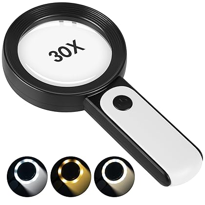 JMH Magnifying Glass with Light, 30X Handheld Large 18LED Cold and Warm Light with 3 Modes, Illuminated Magnifier for Seniors Reading, Inspection, Coins, Jewelry, Exploring