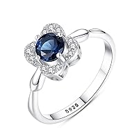 Bellitia Jewelry Sri Lankan Blue Sapphire & CZ Diamond Flower Women Ring 925 Sterling Silver Rhodium Plated Promise Engagement Zirconia Ring for Her Valentine's Day Size 5-10