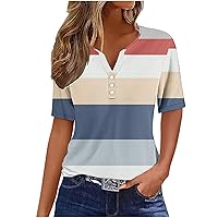 Women's Trendy Striped Print Henley Shirts Summer Casual V Neck Button Down Blouse Plus Size Short Sleeve Loose Tops