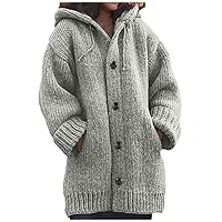 Women's Hooded Long Sleeve Button Down Open Front Knit Cardigan Sweaters Thick Winter Warm Chunky Outwear with Pockets