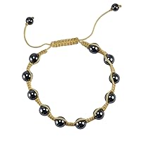 Silvesto India Light Yellow Cord- 6-8mm Round Beaded Hematite- Adjustable Bracelet