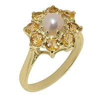 Solid 9k Yellow Gold Cultured Pearl & Citrine Womens Cluster Ring - Sizes 4 to 12 Available