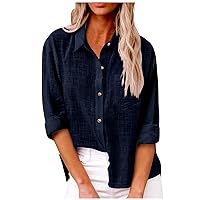 Linen Button Down Shirt Women Collared V Neck Solid Color Long Sleeve Blouse Summer Solid Color Tops with Pocket