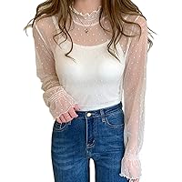 Diamond Hearts Women's Long Sleeve Lace Blouse, Top, See-through, Lace Top, Layered, Spring, Summer, Korean Fashion