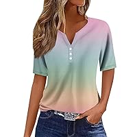 Women's Casual Tops Button Down Short Sleeve Shirt V Neck 2024 Trendy Printed Tshirts Fashion Blouse Tees