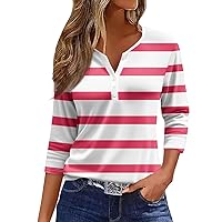Womens Summer Tops Fashion Henley Neck Shirts Casual Striped Button Down Three Quarter Length Sleeve Blouses