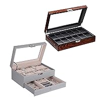 BEWISHOME Watch Box Organizer with Valet Drawer - Real Glass Top, Adjustable Tray & 12 Watch Case for Men Luxury Watch Display Case Bundle