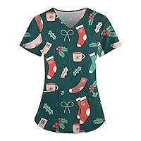 Christmas Scrub Tops for Women Fashion Xmas Graphic V Neck Shirt Casual Vacation T-Shirt Nurse Work Uniform