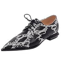 Women's Snake Skin Pointed Toe Oxfords Flats Low Chunky Heel Lace Up Pumps