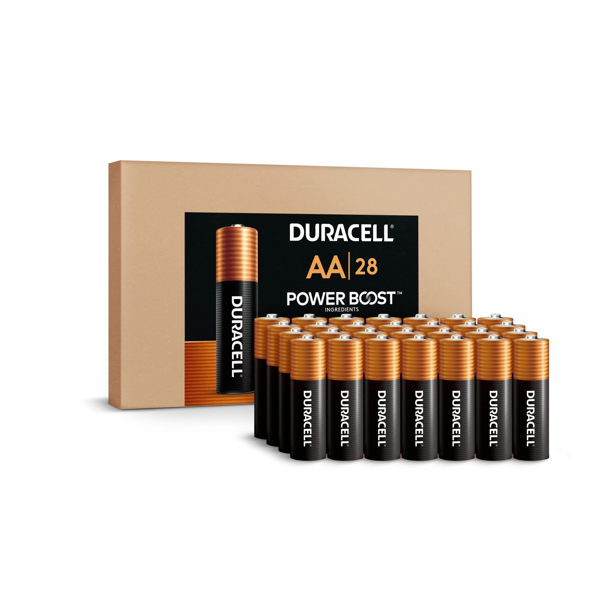 Duracell Coppertop AA Batteries 28 Count Pack Double A Battery with Power Boost Ingredients, Long-lasting Power Alkaline AA Battery for Household Devices (Ecommerce Packaging)