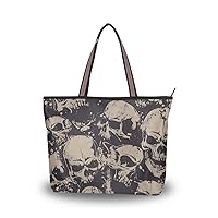Women Large Tote Top Handle Shoulder Bags Grunge Skulls Patern Ladies Handbag