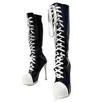 Frankie Hsu Punk Goth Black White Patent Knee High Boots Heeled Stiletto Fashion Classic Casual Wide Calf Lace Up Big Large Size Mid Tall Long Boot For Women Men