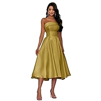 Women's Midi Homecoming Dress A Line Draped Back Prom Gowns Waist Sleeveless Tube Evening Formal Dresses 2024 Tea Length