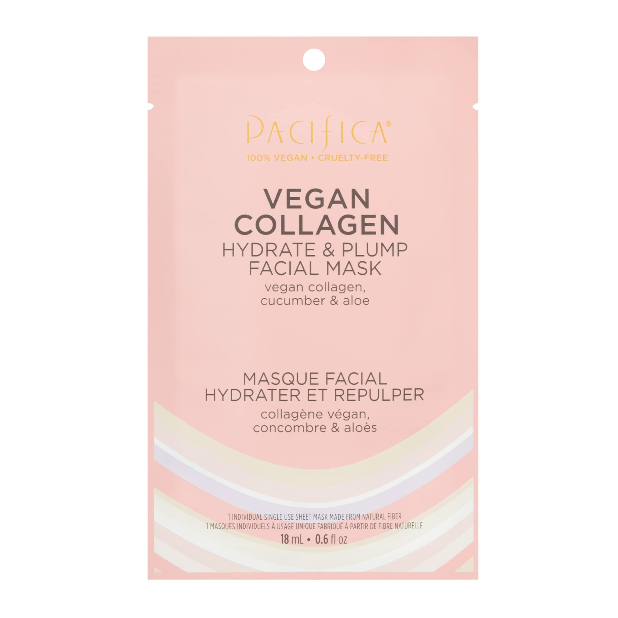 Pacifica Beauty, Vegan Collagen Hydrate & Plump Face Mask, Sheet Mask Set, Skincare, Moisturizer, Hydrated Dewy Skin, Cucumber & Aloe, For Dry & Aging Skin, 1 Pack, Vegan