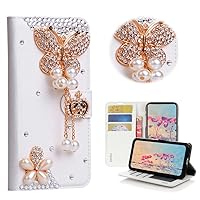 STENES Bling Wallet Phone Case Compatible with Nokia G300 5G (2021) Case - Stylish - 3D Handmade Butterfly Pendant Crown Design Magnetic Wallet Stand Leather Cover Case - White