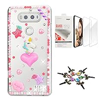 STENES Bling Phone Case Compatible with LG K51 - Stylish - 3D Handmade [Sparkle Series] Unicorn Heart Star Design Cover with Screen Protector [2 Pack] - Pink