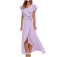 Women's Casual Dresses Summer V Neck Chiffon Maxi Dress Ruffle Short Sleeve Slit Cocktail Beach Swing Dress with Belt