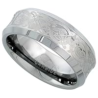 Sabrina Silver Tungsten Carbide 8 mm Concaved Wedding Band Ring Etched Celtic Dragon Pattern Beveled Edges, Sizes 7 to 14