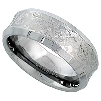 Tungsten Carbide 8 mm Concaved Wedding Band Ring Etched Celtic Dragon Pattern Beveled Edges, Sizes 7 to 14