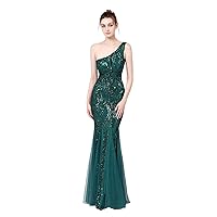 One Shoulder Sequin Prom Dresses Long Tulle Ball Gowns with Sparkly Formal Evening Party Gowns for Women