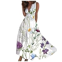 Maxi Dresses for Women 2024 Floral Hawaiian Long Maxi Swing Dress A Line Dress Floral Print Sleeveless V Neck Dress