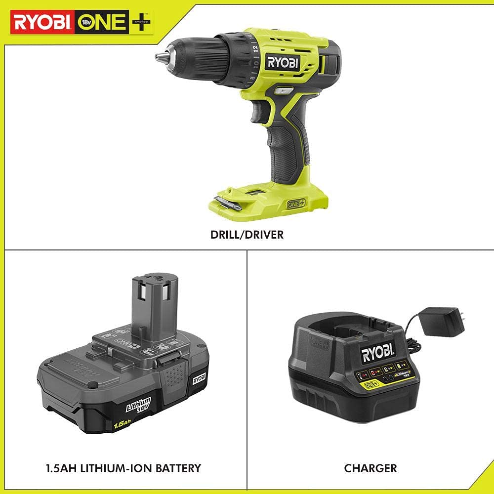 Ryobi P215K 18-Volt ONE+ Lithium-Ion Cordless 1/2 in. Drill/Driver Kit with (1) 1.5 Ah Battery and 18-Volt Charger