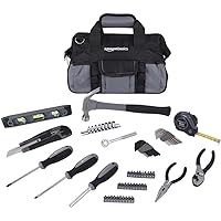 Amazon Basics 65 Piece Home Basic Repair Tool Kit Set With Bag, Silver, Black