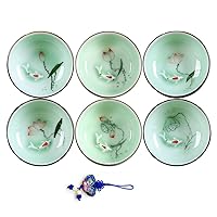 Hand Painted Kungfu Teacup,Chinese Long-quan Celadon Teacup,Fishes and Lotus Pattern,set of 6